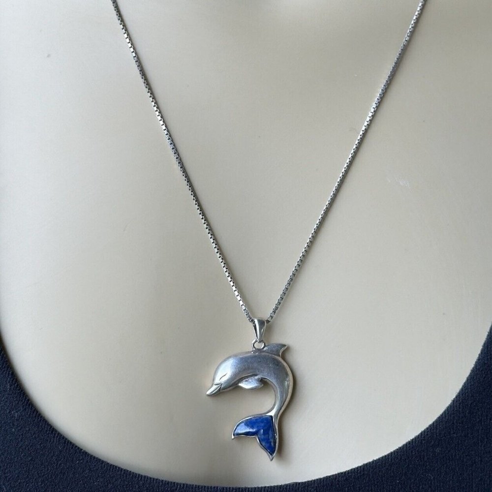 LENOX Pendant Necklace 20 Inch Dolphin Blue Lapis Tail Inlay 925 Sterling Silver